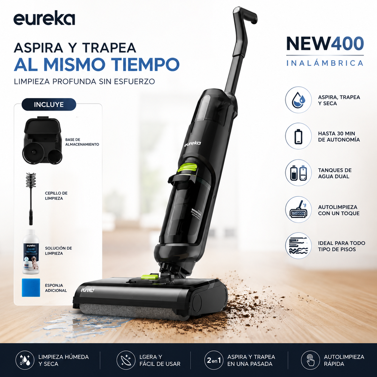 Aspiradora Eureka NEW400 2 en 1 | Aspira y Trapea al Mismo Tiempo