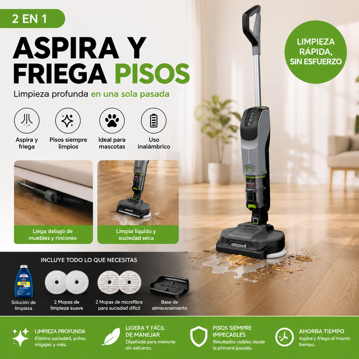 Aspiradora y Mopa BISSELL SpinWave 2 en 1 | Aspira y Trapea al Mismo Tiempo