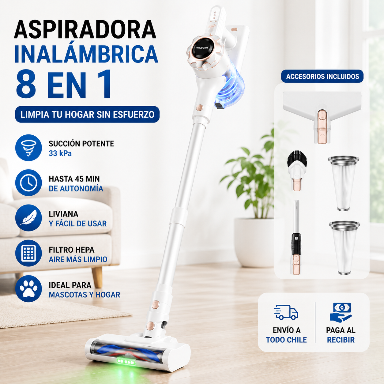 Aspiradora Inalámbrica 8 en 1 - Potente, Liviana y Multifuncional